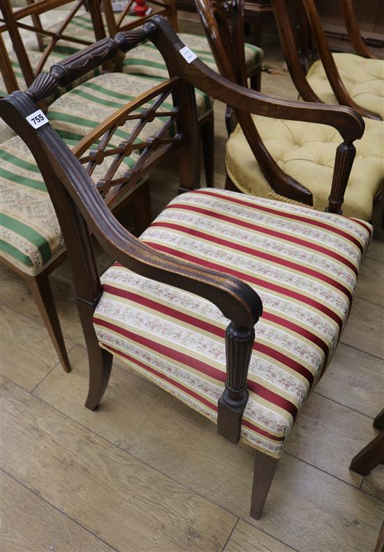 A Regency mahogany elbow chair, with lattice pierced back